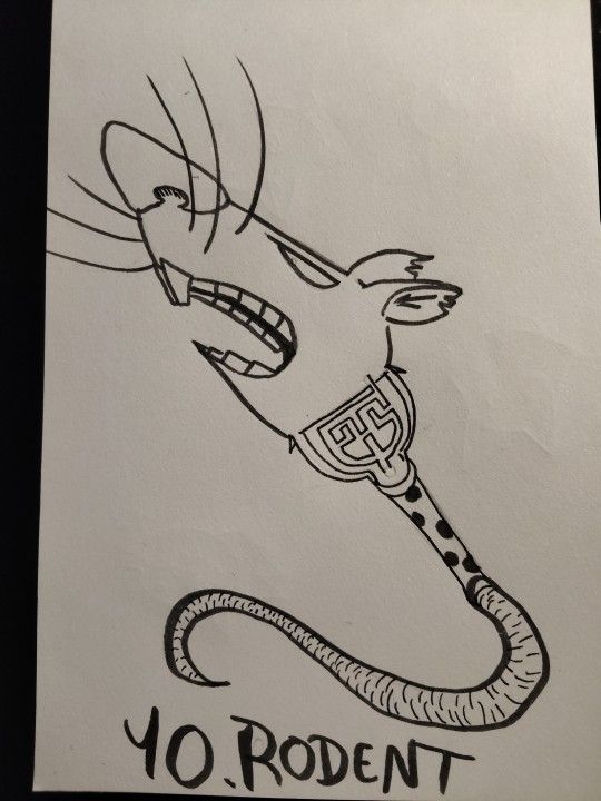 "Sword" with a rat's head instead of a blade, a maze on the hilt of the weapon and a pommel followed by a rat's tail. For swordtember number 10 "rodent"