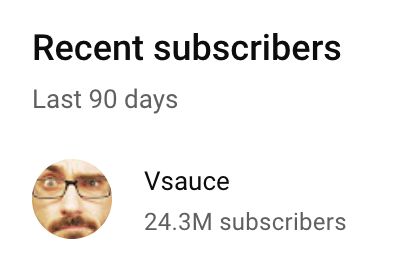 screenshot of my "Recent subscribers" list showing Vsauce is now a subscriber