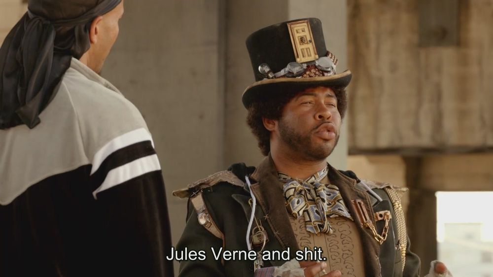 screenshot of a guy in steampunk outfit saying, "jules verne and shit"
