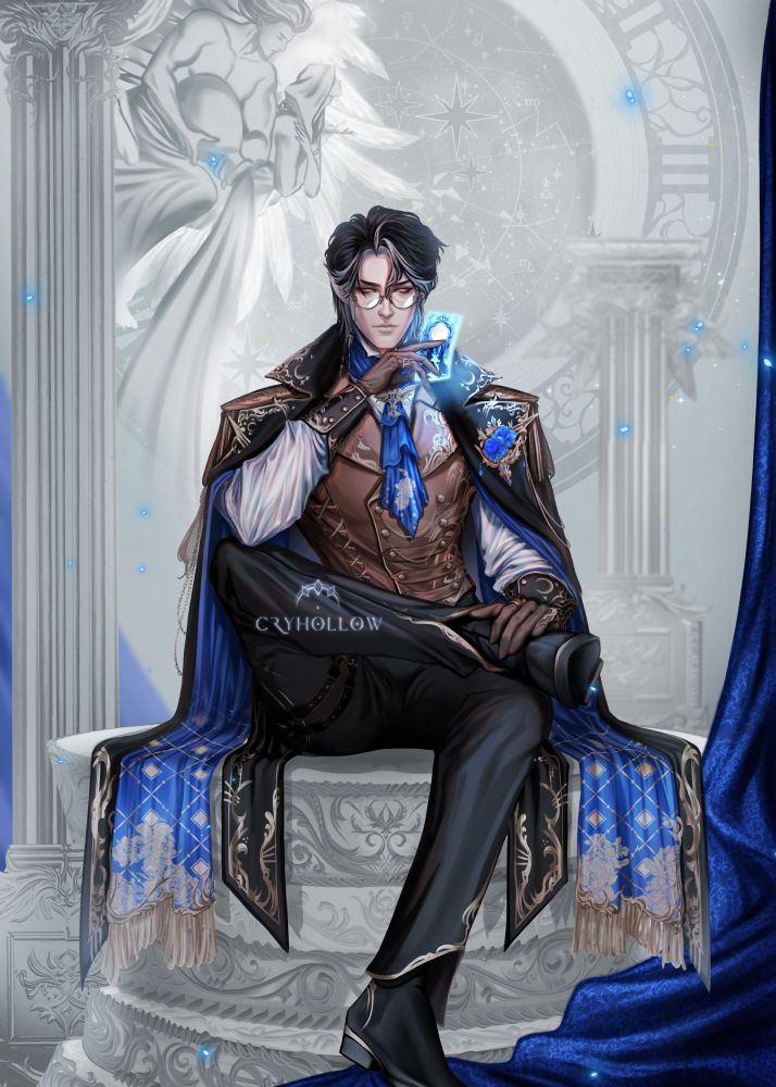Black haired fancy elf with glasses holding a tarot card displaying the moon, in a place full of pillars and statues and celestial imagery.
