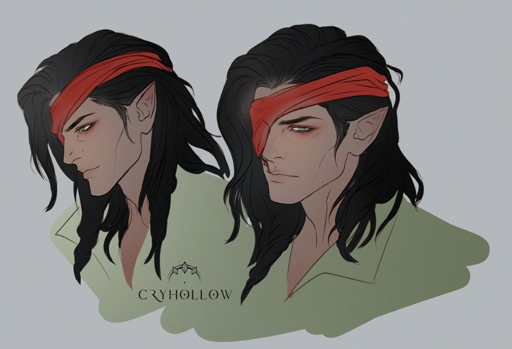 fan art of Iorveth from the witcher 2 with an updated look, longer black hair, tired eyes, and a different bandana covering his missing eye