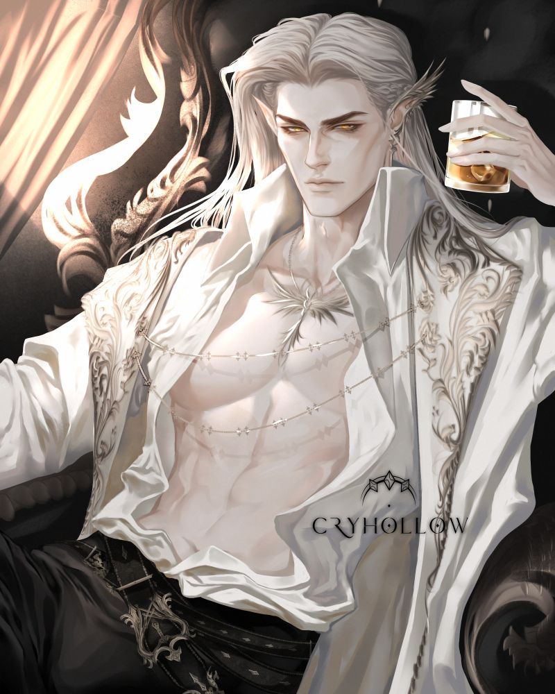 An elven male with pale platinum hair and golden accessories, holding a glass of drink. 
