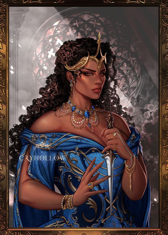 A black woman in a cerulean dress with golden accessories, holding a dagger