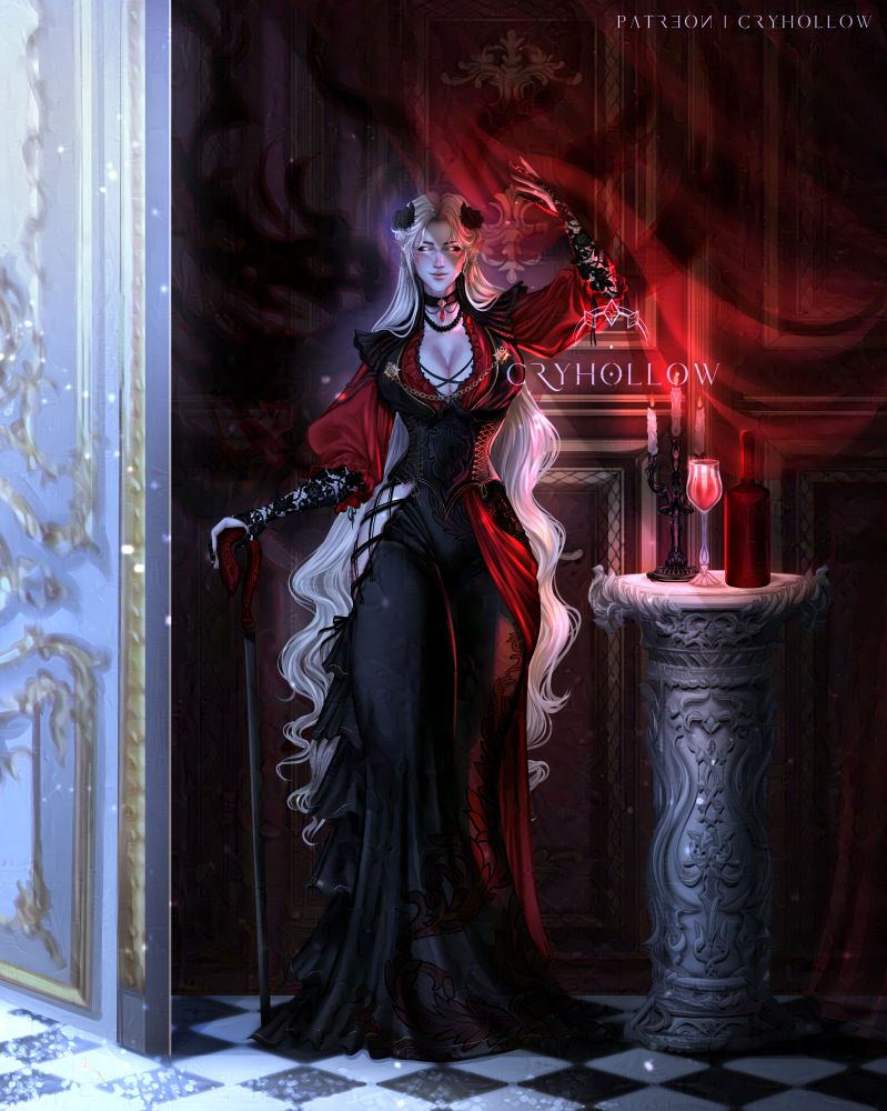 A blonde woman lifting a red veil behind a door, looking at the viewer dire