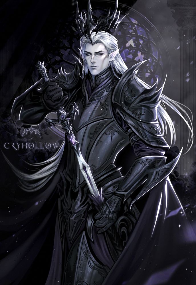 white haired elven character in black armour, wielding a sword with a purple gem.