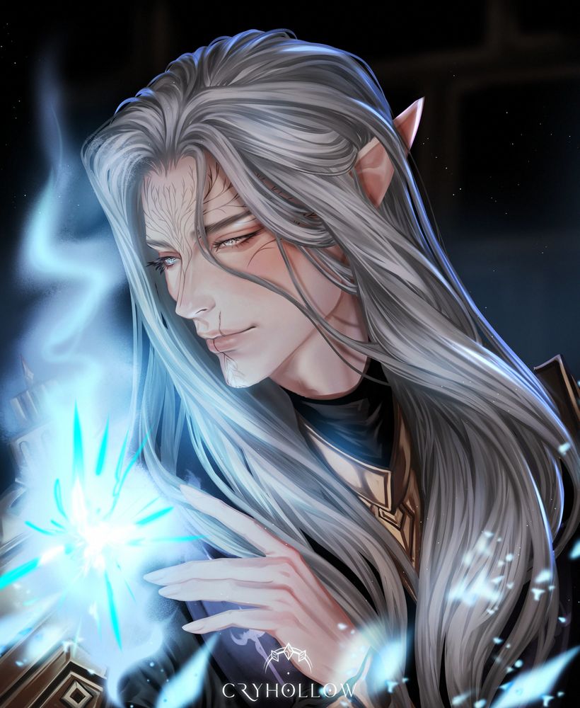 grey haired elven man with a blue wisp