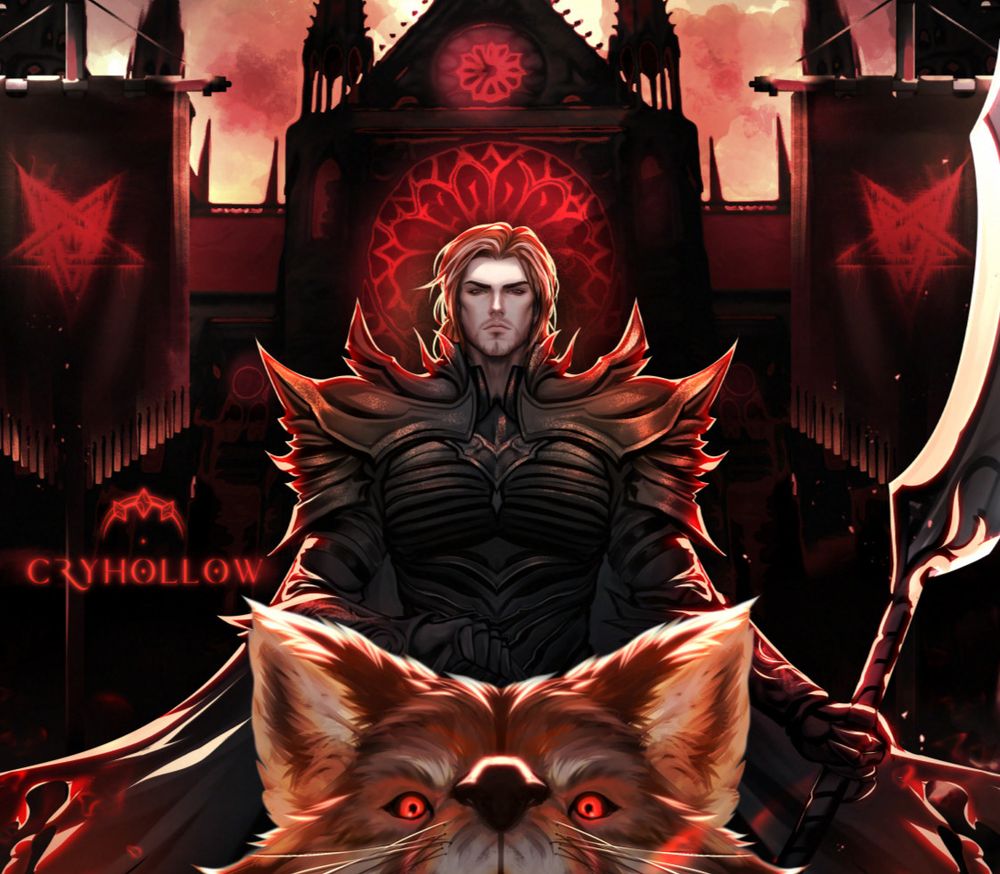 a red haired man on a red-coat wolf with brilliant red eyes, and a dark, red background