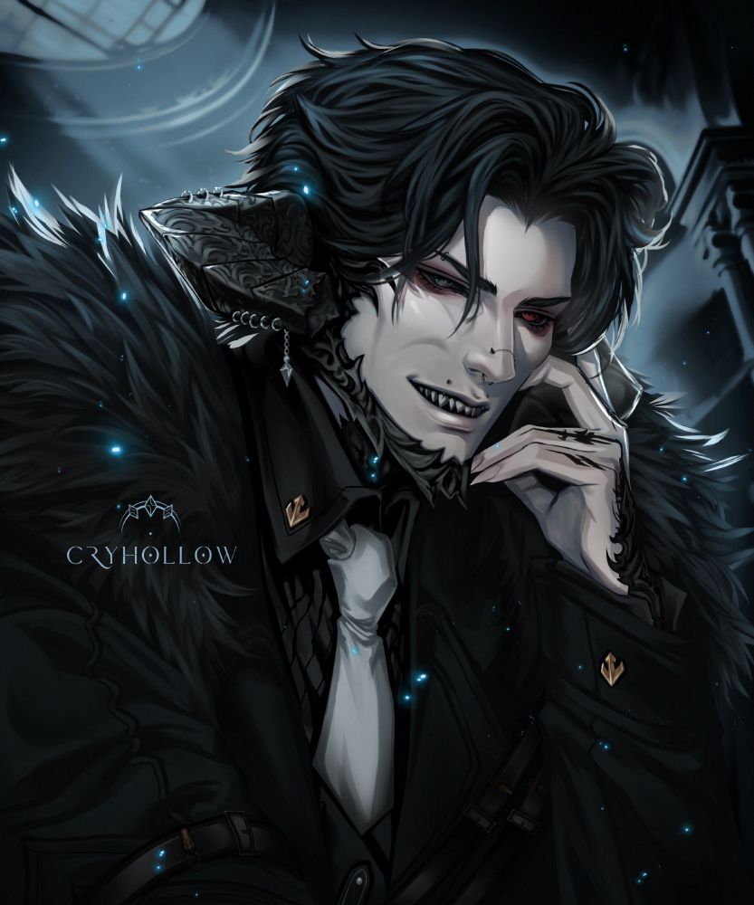 Black haired Aura with a broken horn and tattooed hands.