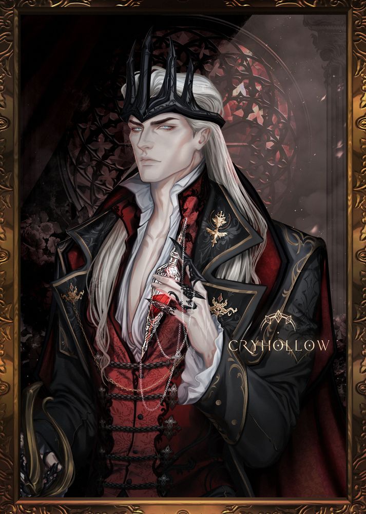 A white-blond haired elf with a black, spiky crown, wearing velvet reds, a suit lined with gold, and holding a vial of blood