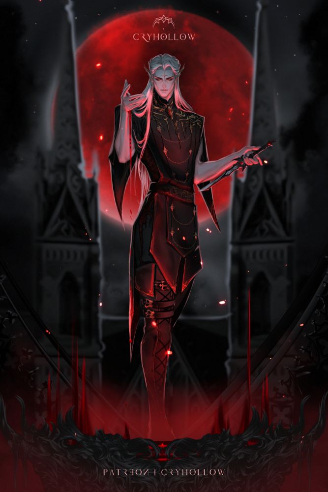 A white haired elf over a pond overflowing with blood