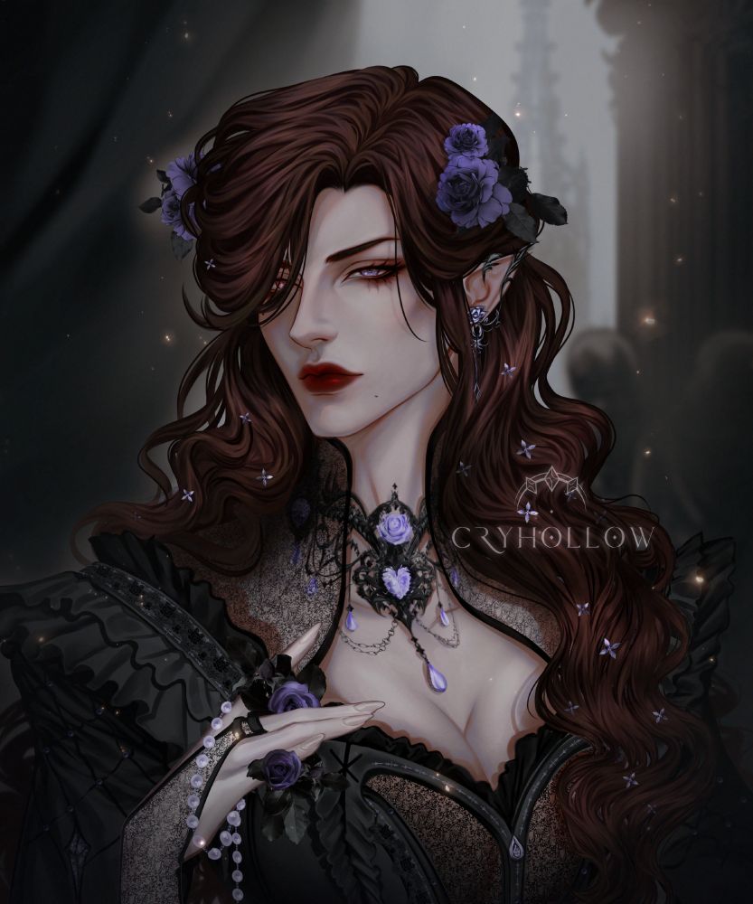 A brow haired elven woman in a gothic dress with accessories, roses, and pearls. 
