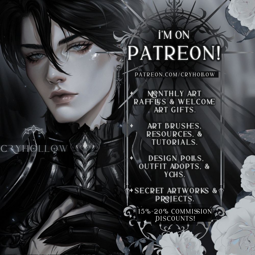 I'm on Patreon! Monthly art raffles & welcome art gifts. Art brushes, resources, & tutorials. Design polls, outfit adopts, & YCH. Secret artworks & projects. 15-20% commission discounts!