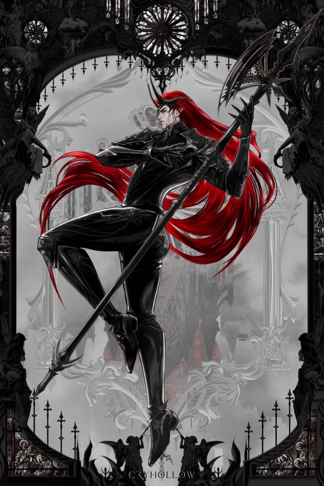 A red haired elven knight wielding a long halberd, dressed in black armour. 