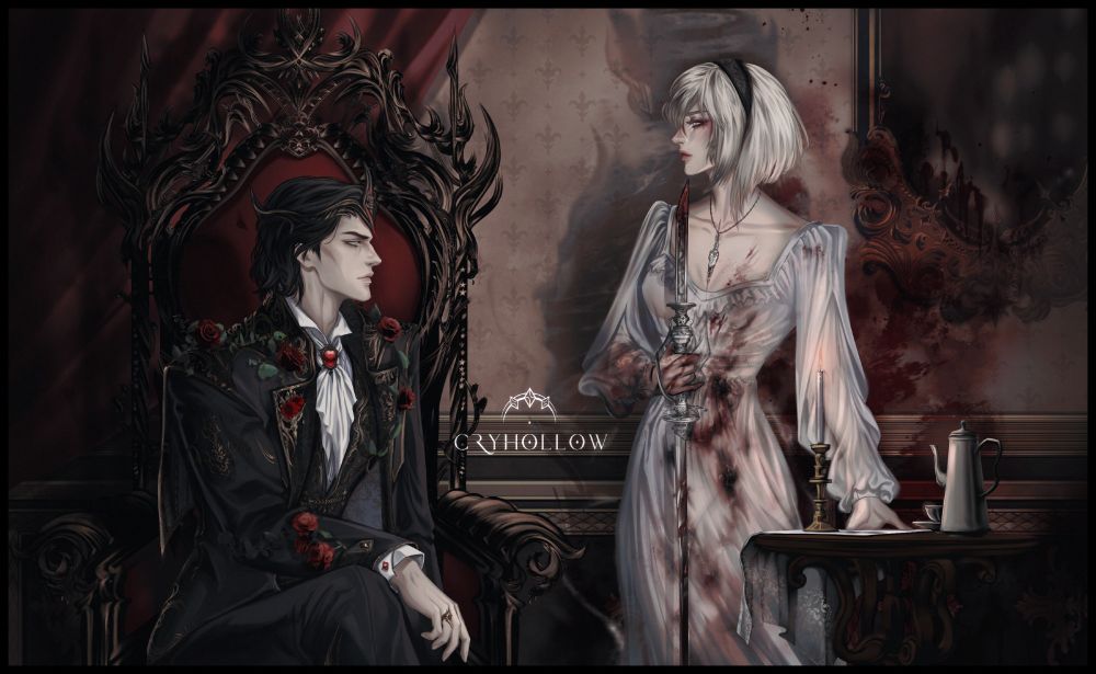 a black haired noble man in a black suit, and an ashen blonde woman in a white, translucent dress wielding a bloodied blade