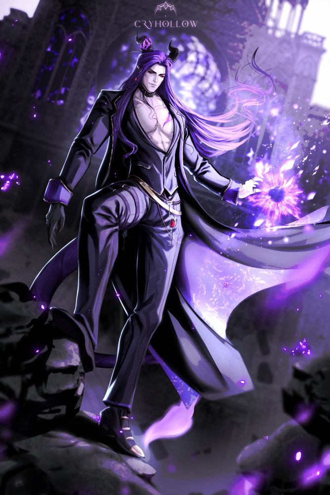 Purple haired man with two horns, one broken, and dressedin black attire with red gems all over it and a spell working in his hand.
