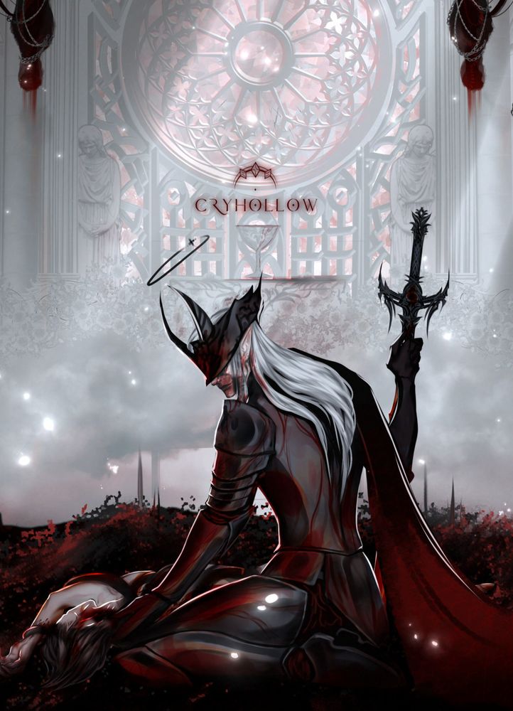 Knight in bloodied grey armour with white hair standing over a corpse