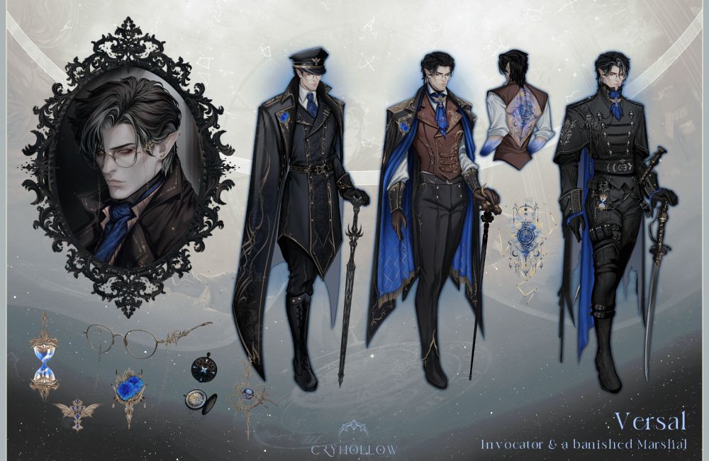 Character sheet of an elven character with black hair and greying streaks, wearing golden glasses.