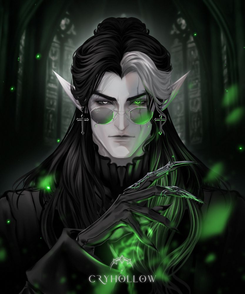 An elven man with black hair and a white strand wielding green magic, and wearing sharp accessories