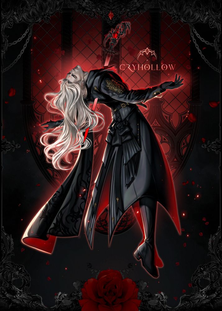 A framed artwork with a white haired elf and a sword through his chest