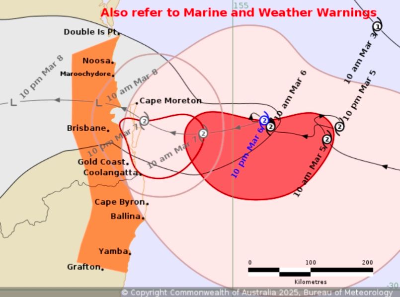 Cyclone tracking map showing Tropical Cyclone Alfred just being a massive bogan, and doing donuts.