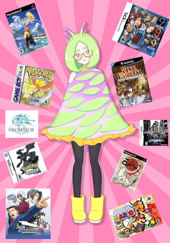 Cute land slug vtuber PodaKatie surrounded by 10 of her favorite video games. Clockwise, they are 999: 9 Hours, 9 Persons, 9 Doors, Fire Emblem: Path of Radiance, The World Ends With You, Okami, Paper Mario, Ace Attorney Trilogy, Pokemon White, Final Fantasy XIV, Pokemon Gold, Final Fantasy X