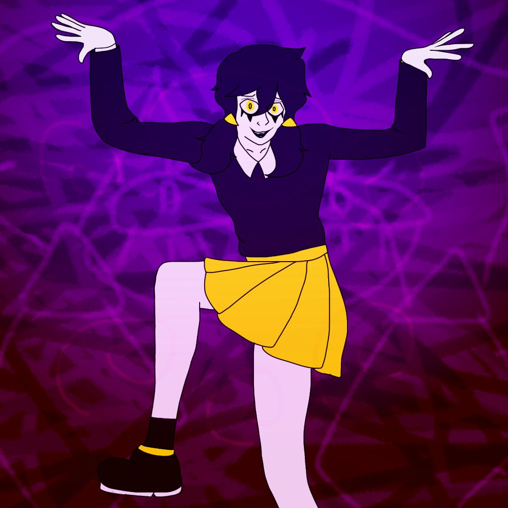Mesmer, a girl with a black sweater, yellow skirt, black hair in pigtails, and yellow eyes along with heavy eyeliner doing a silly pose with a mildly confusing and chaotic background in reds and pinks.