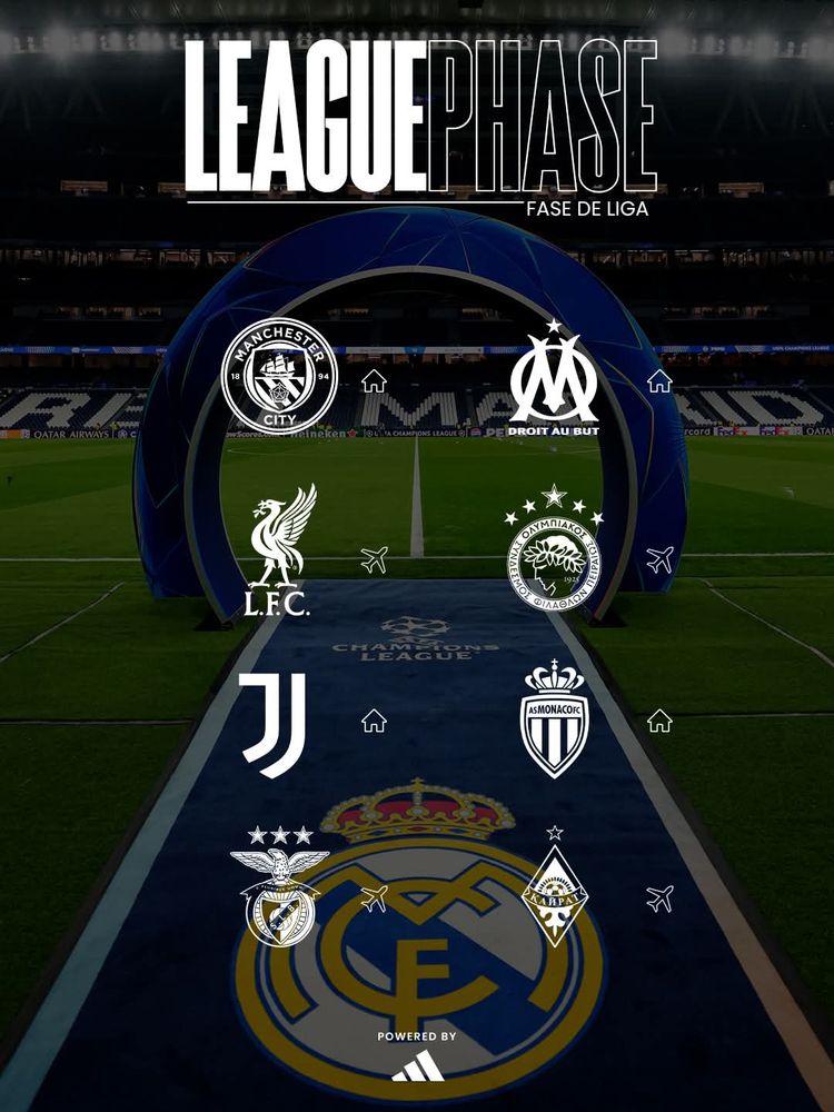 Photo of Real Madrid's opponents in The Champions League League Phase. 

Home vs Manchester City
Away vs Liverpool
Home vs Juventus
Away at Benfica
Home vs Marseille
Away at Olympiakos
Home vs Monaco
Away at Almaty