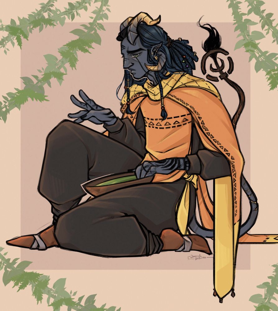 Digital artwork of my ttrpg oc Wyrsan wearing the outfit of Bea's ttrpg oc Morpheus instead of their own. Wyrsan is kneeling down, looking quite absent while treating a green mixture they are holding in a wooden bowl.

The character has four tiefling horns which end in a golden tint, has blue grey cold skin, blue hair bound back into different braids adorned with pearls and golden elements. Their tail is in the same grey, but ends in a wooden tip with dark coal black hair. The character's visible eye is green. Black tattoos are on their hands and face.

The outfit is in brown, warm grey and orange, a warm contrast to the res to fthe character. Long sleeves and tabards are falling down, as well as a scarf around their neck, all in orange and yellow with black stitching elements. A belt in yellow is holding the grey outfit beneath in place, the long wide trousers are falling down until they meet brown sock like shoes.

The character is holding said wooden bowl with green medicine or soup. All of this is framed by green leaves.