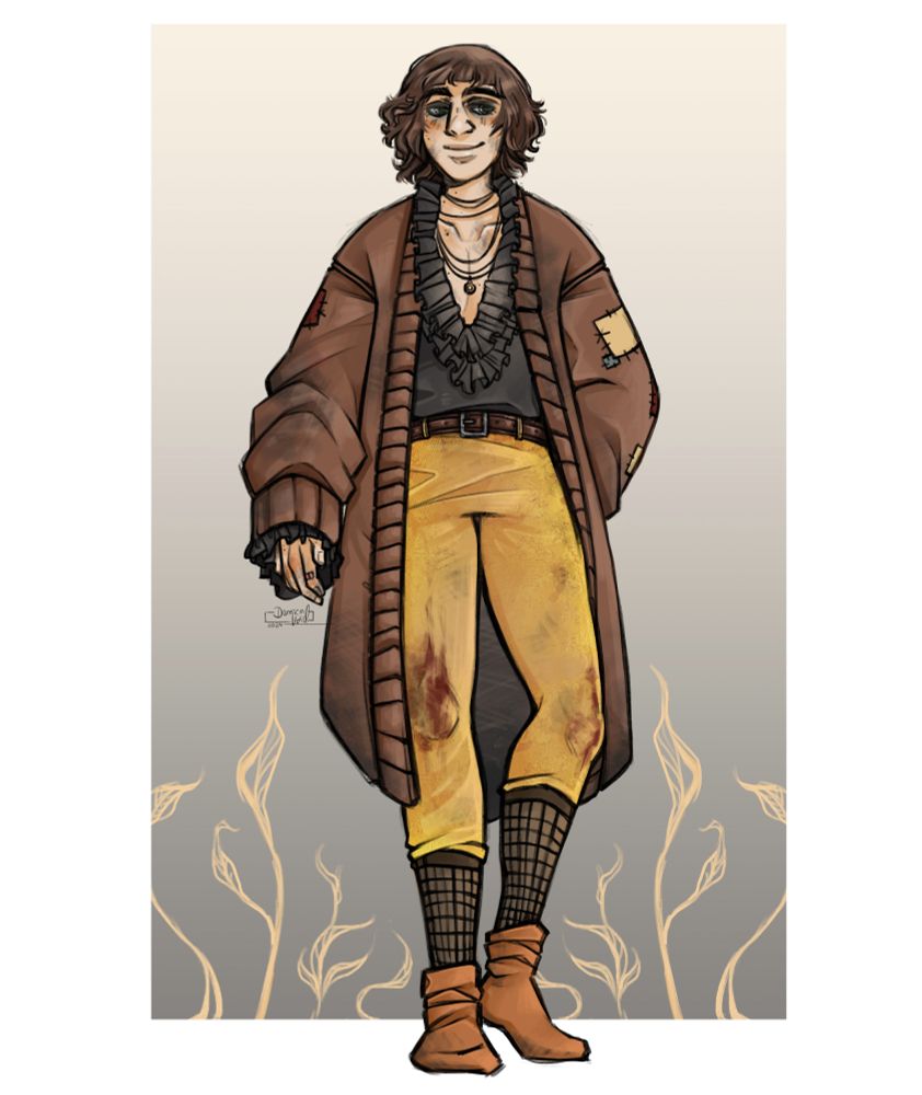 Digital artwork of Ozymandias' sister; a coloured full body.

She looks rather young, how Ozymandias remembers her, a lean femme teenager in dirty too big clothes. She is pale, dirt and coal cover parts of her skin and band aids are visible on her fingers, has weak freckles and moles. A warmth radiates from her, a soft smile on the lips and light blush on the sick cheeks. Eyes seem tired and dark tired, are in a green with a brown tint. She has brown raggedy cut hair in a long bob cut. Clothes are in yellow and yearth tones, a black thin and thus partially see through shirt with frill decollete, a gigant unfitting patched cardigan covers most of her frame.

Background is a simple grey gradient with vines of gold growing from the bottom up.