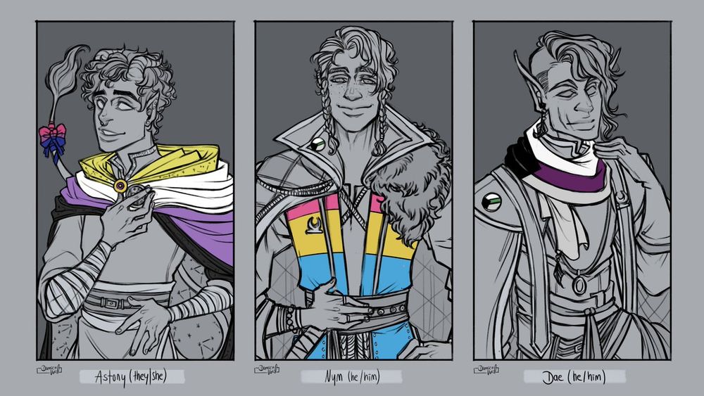 Digital artwork of three ttrpg characters, each with their respectively chosen pride flags. All characters are in their own vertical frame, next to each other. Colours are reduced to greyscale in contrast to the colourful flags.