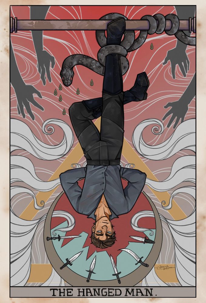 A digital artwork of Ro's character Crevan, framed as the tarot card "The Hanged Man", in similar pose surrounded by relevant themes and elements.

The character is a man with shorter brown hair, there are strandy of grey on the side but honestly I do not know if they belong there or if I just wanted to see them on the references, blue eyes, a ton o freckles on rather tanned skin, dressed in a blue shirt, dark trousers and shoes, the latter are slightly dirty. He is in the pose of the tarot card: Hanging by one leg while the  other is crossed behind, arms both bound behind his back. His gaze darts to the side, seemingling rather discontent.

Crevan is surrounded by an assembly meant to look like the circular shine the original card has: There are six daggers around his head all pointing towards him, the circle around him is a simplified version of the amulet with a brownish border and blue broken shards, the empty space is filled in a toned down muted blood red. Arond that is a golden tirangle, standing on the larger base. The upper half of the character, and thus lower part of the card, is full of smoke surrounding him, there are more smoke lines in the background connecting the elements. Instead of a rope, the character is hanging from a dark snake with red eyes that has wrapped around his leg and around a pillar above, holding him in place. Seven drops fall from said snake, all with a green poison like border and a blood red center. The gradient in the background goes from red at the bottom to a warm smoke grey at the bottom. Hands of black shadows reach down from the top, seemingly trying to grab hold of him without him noticing.

The artwork is in a black border and placed on a background warm brown grey like old paper. The letters "THE HANGED MAN." are written at the bottm.