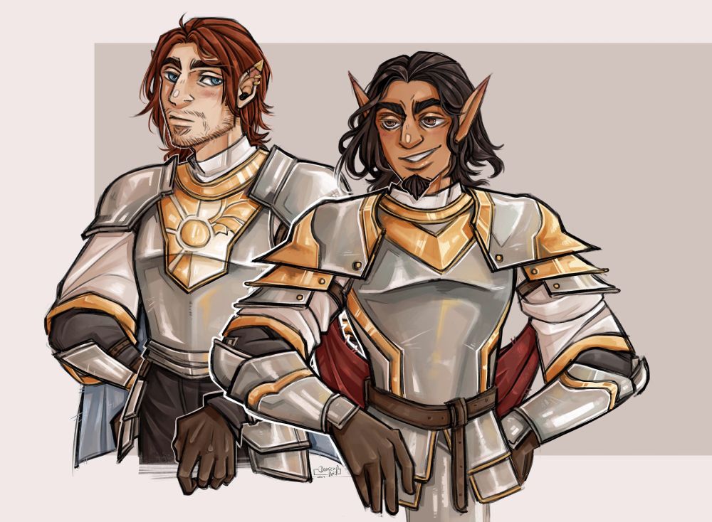 Digital artwork of a young version of my oc Badhor together with Kassna's oc Eglaink.

Both are in their younger years, Badhor has brown eyes and Eglain still his longer ginger copper hair. Both are dressed in metal armour, adorned with golden elemements and symbols. Their relevant colours - blue and red - are already shown in the cape like elements. Badhor has a cocky grin while Eglain glances over to him a bit tired.