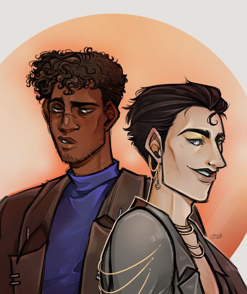 Juno Steel and Peter Nureyev from the Penumbra Podcast Juno Steel series, busts side by side gazing at eachother.