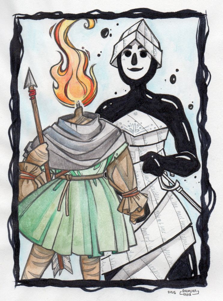 Traditional artwork of the characters Weg and Cornelia together, the latter is standing behind her companion, both hold their weapons cadually on their sides.

Both are silly little guys (m/w/d).

Weg seems to be a smaller creature made our of wood, most is hidden under layers of green and brown fabric, their head is a burning flame, he carries a spear. 

Cornelia is a creature made out if ink, face is a piece od paper with a drawn smile, she carries a paper sword, wears a self-made paper dress ans hat.