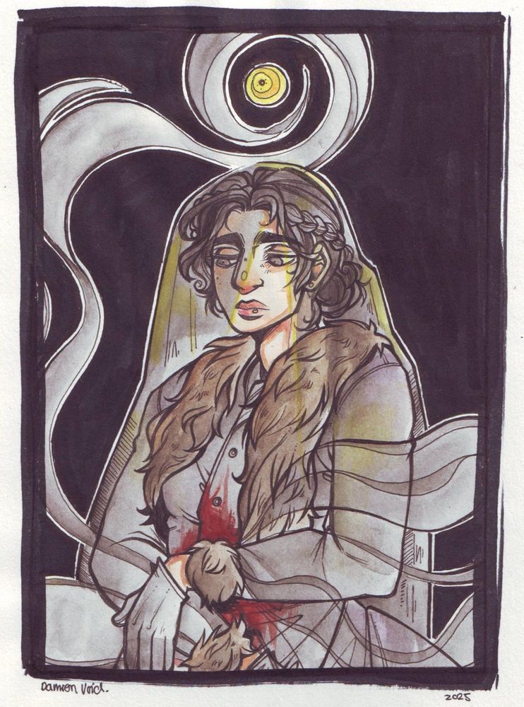 Traditional artwork of Misha's oc Lorraine.

The character, dressed in black with a long veil, has both arms crossed in front of her body, covering the still visible traces of blood on the black gown. Smoke like shadows vapor up from their arms and hands, wrapping around a last ball of light at the top. The character looks apathic and in deep mourning, gazing to the side away from the observer.