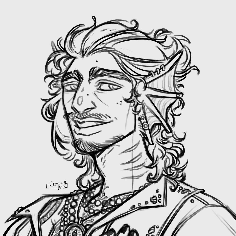 New digital artwork of my oc Koshak; a few years older shown by a slimmer face with more contour and a beard, longer more messy hair, different clothing more similar to a typical pirate or sailor. The bold grin stays. Just the sketchy lines for now, colour is still missing.