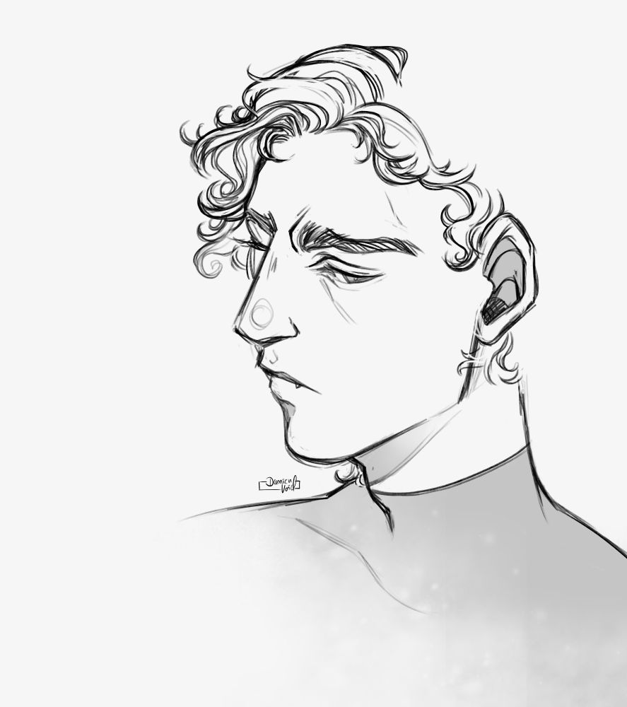 Digital sketch of my ttrpg oc Dendred.

It's a started bust sketch, unfinished and thus not showing the complete character with rough black lines fading out around his hair and back of his head as well as shoulders.

Dendred is gazing to the side, he seems apathetic. Nearly looks melancholic, with the lowered eyelids and narrowed eyebrows.

His pointy canines are slightly visible.