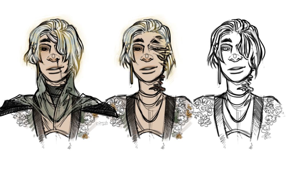 CW : bodyhorror, eyehorror

Digital artwork of my ttrpg character Ozymandias - three old bust sketches I did back then to design my character. It's three stages, the first in their usual clothing covering most of the left side of their body, the second is without bandages and revelas more, the rthird keeps the eye covered.


Ozymandias is shown with their melting white bright glowing natural haircolour they usually conceal with ginger hair dye. Black blood is dripping from their nose, their right eye is nearly completely black and supposed to be full of dark veins and roots. The now revealed left side of their body is showing mushrooms growing on their skin, up their neck and into the left side of their face where they grow out of the eye socket of a lost eye, replacing it.