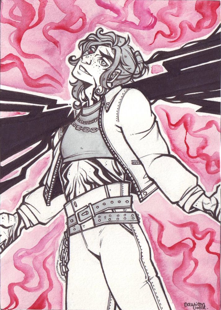 Traditionally drawn art card artwork - drawn with black liners, shaded with a hint of grey, showing tints of colour and sometimes golden accents.

Riven is standing in the middle of the card. Arms are open as if the character would embrace or welcome, someone. With the wide stance, the cocked head, and the grin, it looks like a rather mocking, or standoffish gesture. The character has visible dark streaks, curse marks, on the visible middle body and hands, seemingly going up the neck and wrists. Those marks are mirrored in the background by black streaks going through the character, cutting off the right shoulder by wrapping it in darkness. Meanwhile the rest of the background looks like darker energy, red swirls, like the eye, are striving toward Riven, it seems invasive.