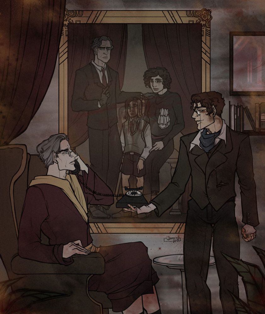 Digital artwork of my ttrpg character Chekhov and his Sire together in their livingroom, Chekhov is handing his Sire an old cellphone, the Sire seems to be taking a call.

Chekhov is on the right, dressed in formal suit and attire, standing with his right hand reached out to hold the lower half of the old phone towards his Sire. Aiven is sitting in a huge chair in front of Chekhov, left hand uppened to hold the phone against his ear, he is wearing fancy dressing gown. Chekhov has a weak smile while Aiven has a more serious, almost disappoving, expression.

They look a bit similar, seem related, but have quite the age gap. The moment seems tense and Chekhov looks rather like a servant than a son, despite his higher stance. 

The living room around them seems to be part of an expensive house. In the background between them is a huge frame showing a family picture, the frame itself seems to be golden. The picture shows Aiven on the left, on the right Chekhov's mother, in the middle a younger Chekhov with longer hair in the middle of the two parental figures. Aiven has a controlling hand on the mother's shoulder, she sits lower than he does. Chekhov's picture in the middle seems a bit blurry, like many faces of the same person are copy pasted but slightly moved to the sides.