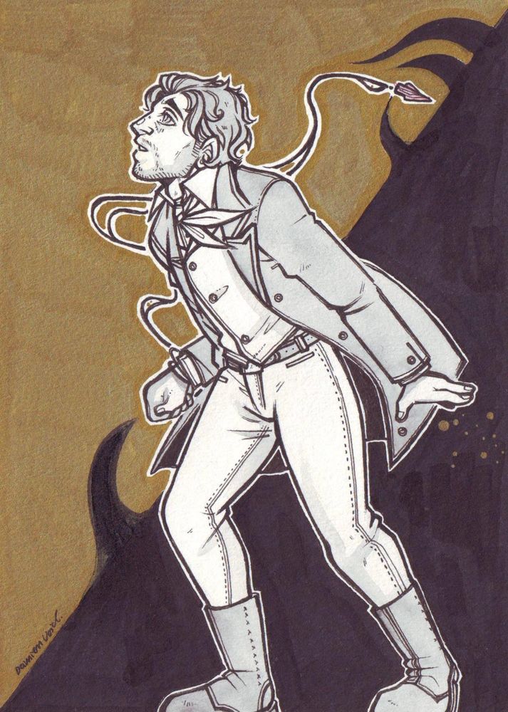 Traditionally drawn art card artwork - drawn with black liners, shaded with a hint of grey, showing tints of colour and sometimes golden accents.

A full body artwork of Edwin - bottom right half of the character is standing in black darkness while the top left half is striving toward a golden background. Grasping strokes of darkness are trying to break into the gold, they seem to grasp for the clutched hand a the crystal the character is wearing around the wrist. Golden particles are also invading the darkness, looking as if they would be strewn into it by the opened left hand. Edwin is looking up left into the far edge filled with nothing but gold, struggling to move forward furter into the light. The gaze seems a bit sad yet hopeful. It's been a long darkness and Edwin's finally seeing the light again. Lips are parted as if to say something - something that will never be heard and never more than a weak motion. Unsure if it's a cry for help or a grateful word for a new chance.

Meanwhile the cryistal, that is falling back to the movement, is on a long necklace bound around the wrist. While the hand is still moving forward despite the pull, the necklace is visually "cutting through" Edwin's throat in the background.