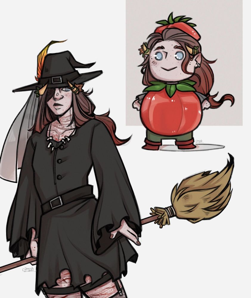Digital sketches of my ttrpg oc Tomasz.
They are wearing costumes for Halloween.

On the left their halfbody shows a very stereotypical witch costume with a shorter torn black dress and hat. They carry a broom.

On the top right is a chibi of the same character dressed in a silly tomato costume, which is mainly consisting of a big red ball they wear over most of their body, topped off with a fitting red head and green trousers.