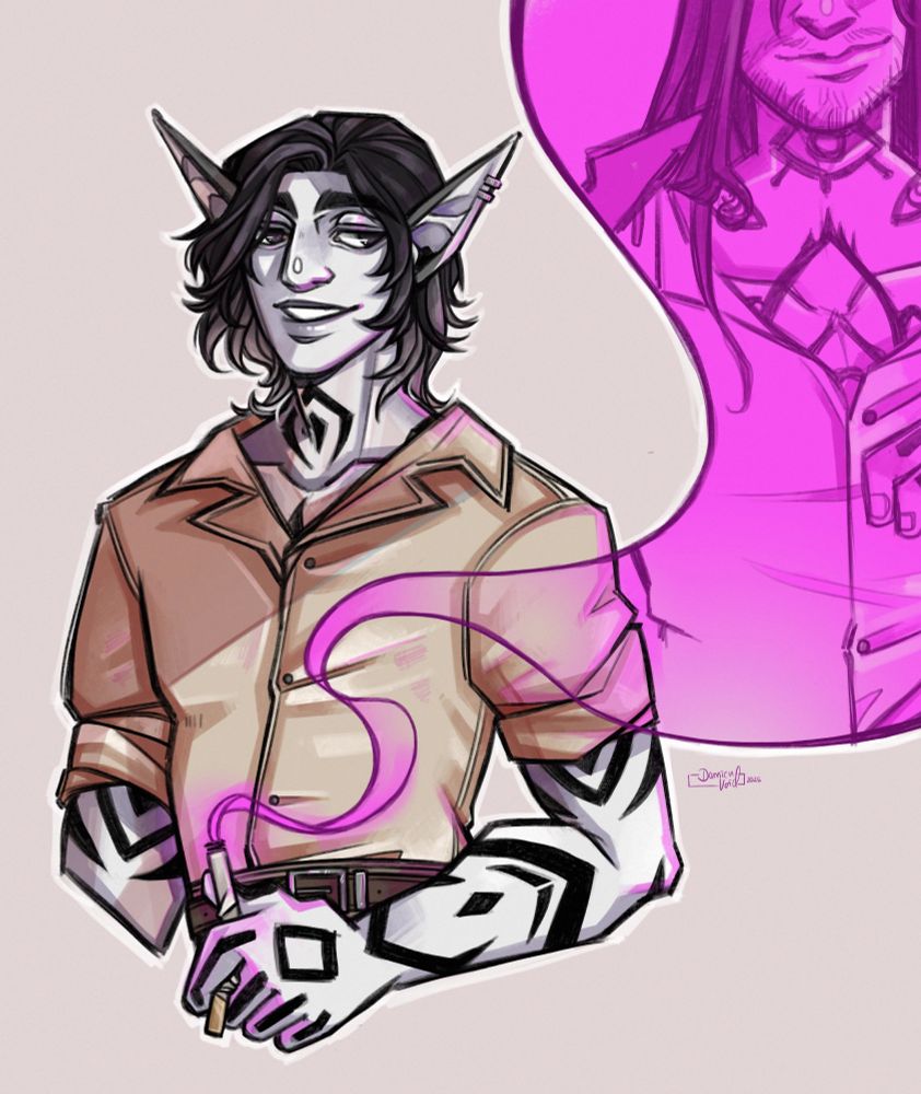 Digital artwork of Kitten holding a cigarette, half smashed in the left hand, emitting pink smoke in which a silhouette of Azar is forming.