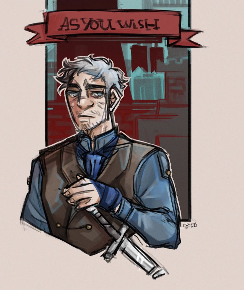 Digital artwork of Eglain; in a rather rough sketchy style, for me rather messy lines with colour.

Eglain is stranding in front, one hand on his sword as if close to drawing it, eyes dart to the side. He has a banner reading "AS YOU WISH" on top of him in red and the remnants of a castle vaguely in the background.