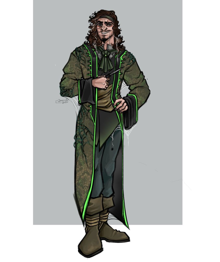 Digital full body artwork of Lysander; a backstory npc of my Ravnica campaign character Ozymandias.

He is a tall white person with murky green eyes, a beard, scar over his left eye, and dark curly hair framing the smirking face. Also wears a bandana, is missing the hat he is wearing on the token picture I've posted earlier. The character is dressed in different shades of green and black, most prominently is a long extravagant coat that has seen better days and has the print of an old rug. 

One of his hands in on his hip, the other is holding a letter opener in front of his chest.

Spider nets are everywhere, some are in his hair, a tiny net is dripping out of his mouth, there are nets on the bottom of his shirt and sleeves of the coat, and more spider net like greenish structures on the coat.