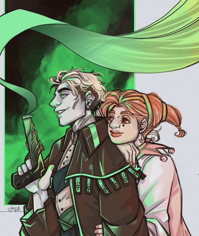 Digital artwork of Clane and Benjamina.

Clane is straning with a wide grin, gun out and smoking, while Benjamina is leaning against their back, one hand and chin on her shoulder while the other one holds onto their side. While Clane looks unhinged, their counterpart smiles softer, yet excited as if ready to witness Clane go apeshit. Both characters are hit by a lime green glowing light that especially encompasses Clane and the background pettern of green and black smoke.