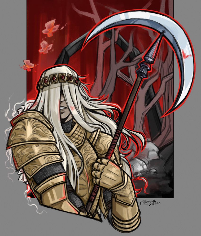 Digital artwork of Esk; visible full front as halfbody depiction in her golden armour, long white hair covering most of the face, carrying the Halo Sythe. Pieces of rot and mushrooms are visible on the edges of her armour. She's readying her sythe, in motion. The background is showing a snipet of the Caelid rot region: The red skies, dying trees, the dark ground and red aeonian butterflies swarming Esk.