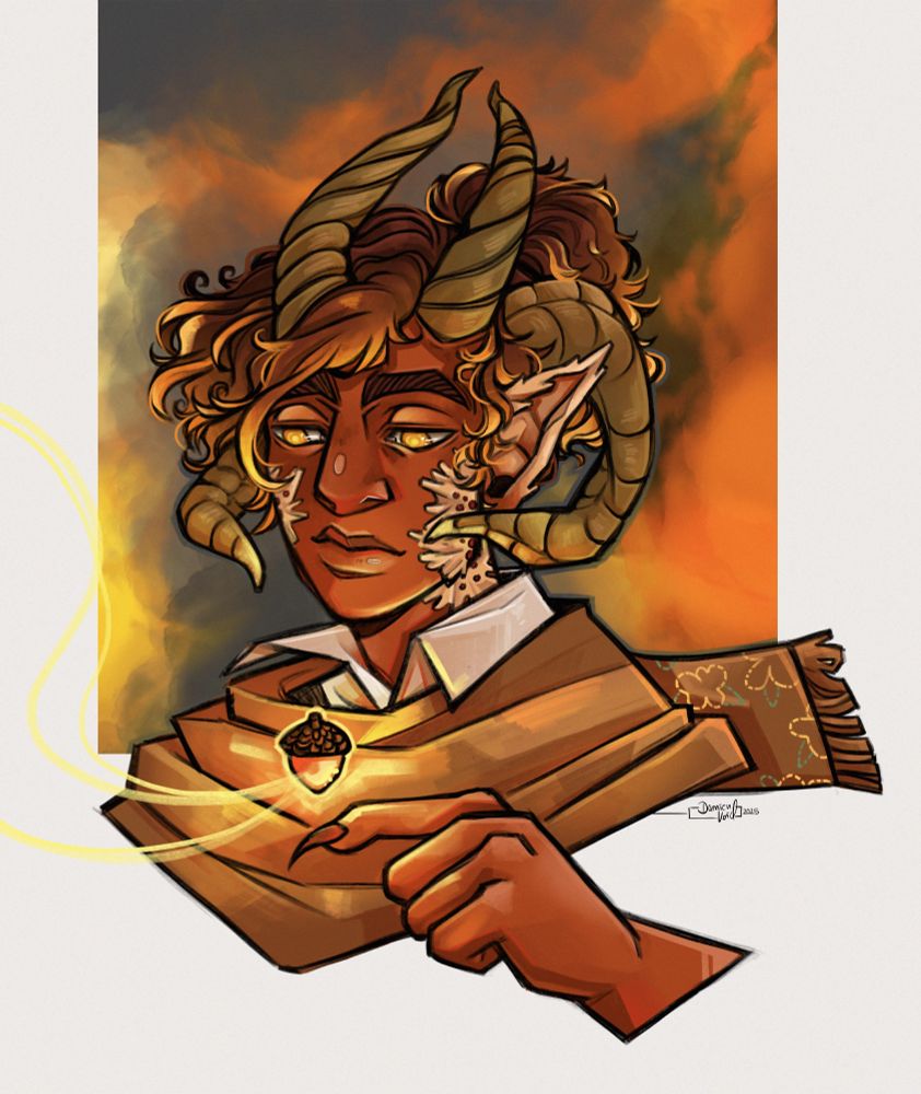 Bust of Fire Starter in front of a burning canvas, one hand reaching out to a glowing acorn, where Hazel stays in. The character has half a smile, yet looks rather melancholic, eyes are filled with warm fire.
