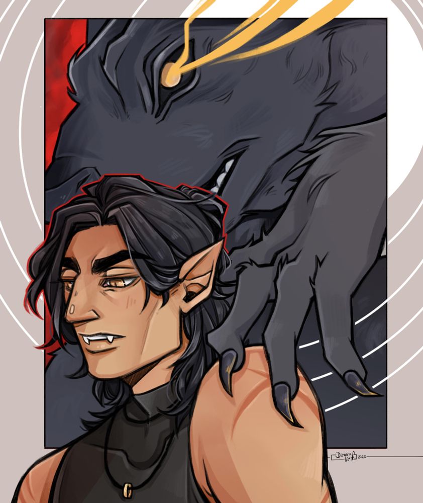[ cw : werewolf ; simplified for muting reasons ]

Digital artwork of Jade's character Cathrin in both her casual and her transformed form, a werepyre - part vampire and part were. She has dark hair up in a bun, pointy ears and teeth, wears a black sleveless turtleneck and a necklace with a golden wedding ring on it. Her eyes are darting forward. The background shows her transformed form with a glowing golden eye, claw halfway draping over her shoulder as if pulling her other form back into the frame. The background is red and gray, it has a white circle immitating a symbol for the moon.