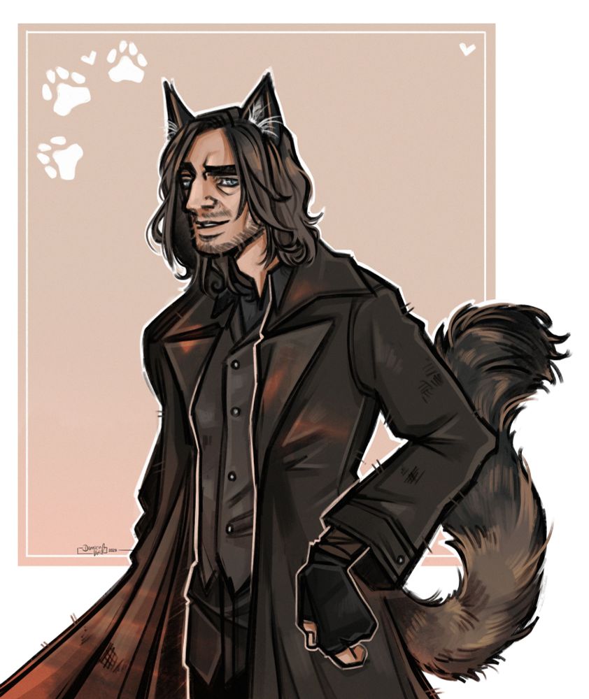 Digital sketch of Kassna's ttrpg oc Bartholomeow.

He is a middle aged man with maine coon cat ears and tail, rocking a stubble beard and raggedy brown hair. Wears a big brown coat and slightly plain messy clothes.